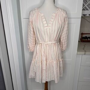 LemLem Aweke Cream and Pink Striped Tiered Mini Dress Women’s Size XS